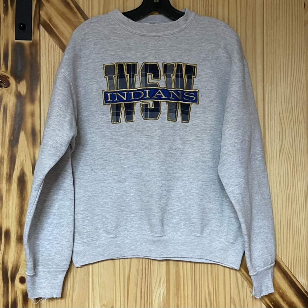 Vintage 90s WSW Indians Plaid Embroidered Velva Sheen Sweatshirt Med/Large
